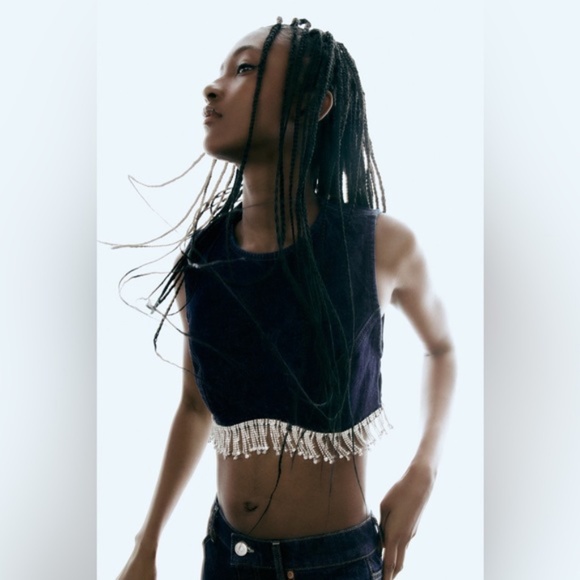 NWT ZARA DENIM INDIGO FRINGE JEWELED CROP TOP - size M - Picture 3 of 7